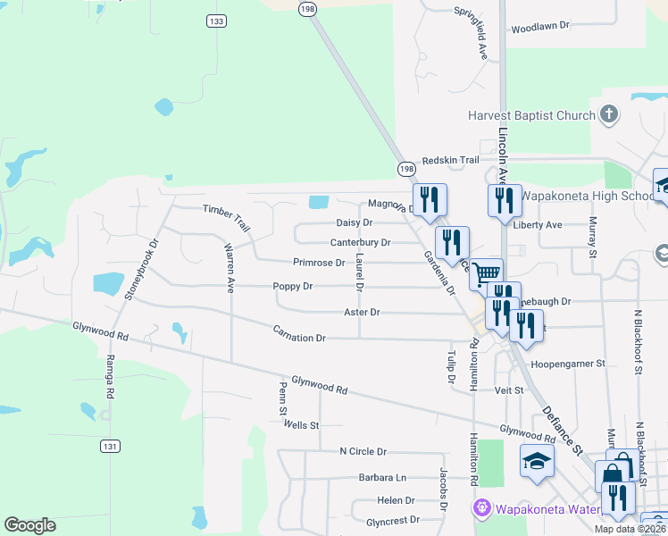 map of restaurants, bars, coffee shops, grocery stores, and more near 912 Poppy Drive in Wapakoneta