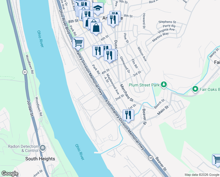 map of restaurants, bars, coffee shops, grocery stores, and more near 238 Park Road in Ambridge