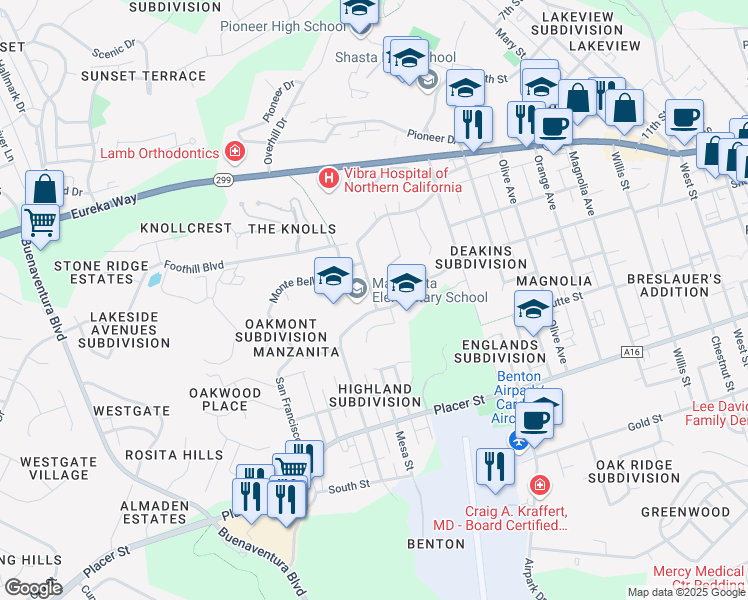 map of restaurants, bars, coffee shops, grocery stores, and more near 1240 Manzanita Hills Avenue in Redding