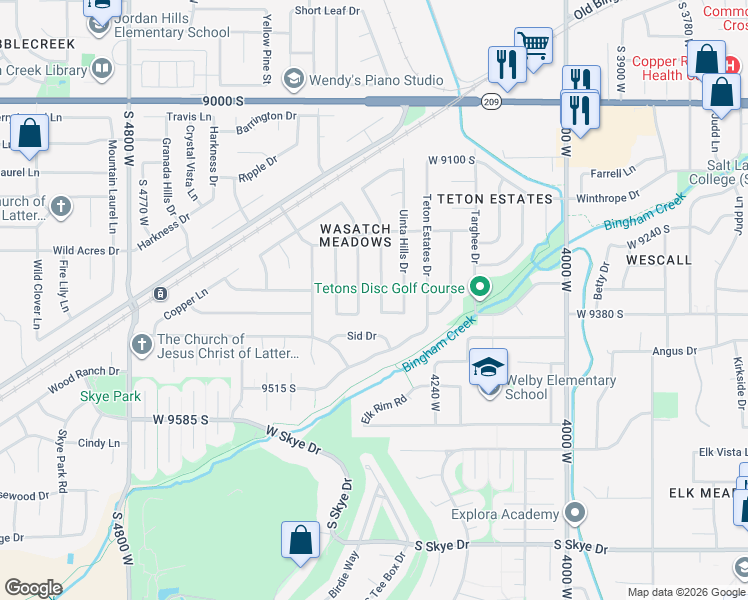 map of restaurants, bars, coffee shops, grocery stores, and more near 9354 Welby Hills Drive in West Jordan