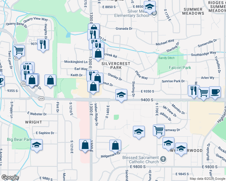 map of restaurants, bars, coffee shops, grocery stores, and more near 1430 Sandy Hills Drive in Sandy