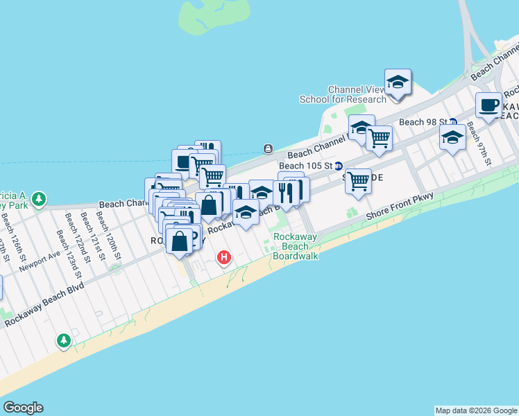 map of restaurants, bars, coffee shops, grocery stores, and more near 109-34 Rockaway Beach Boulevard in Queens