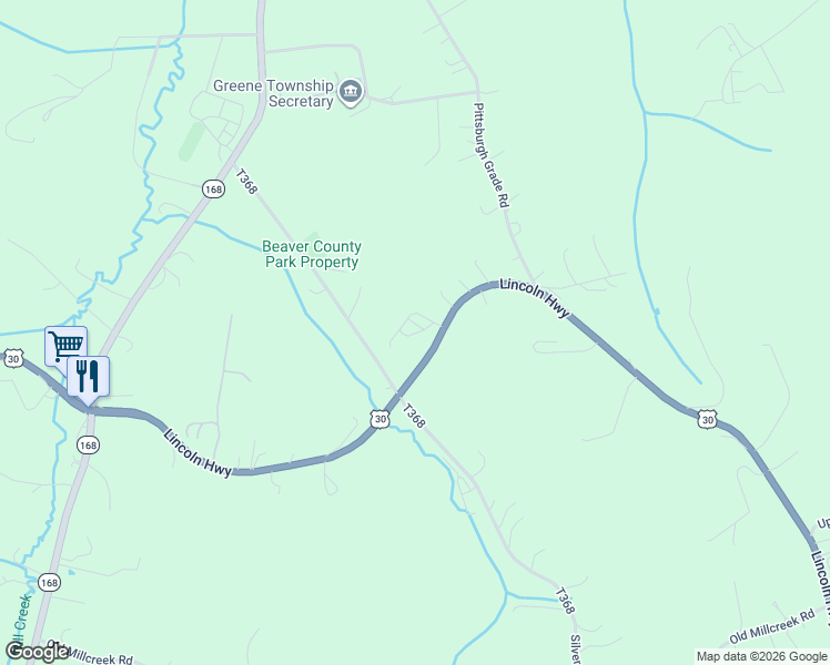map of restaurants, bars, coffee shops, grocery stores, and more near 2624 U.S. 30 in Hookstown