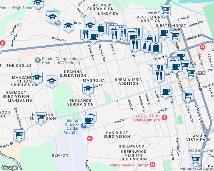 map of restaurants, bars, coffee shops, grocery stores, and more near 1550 Magnolia Avenue in Redding