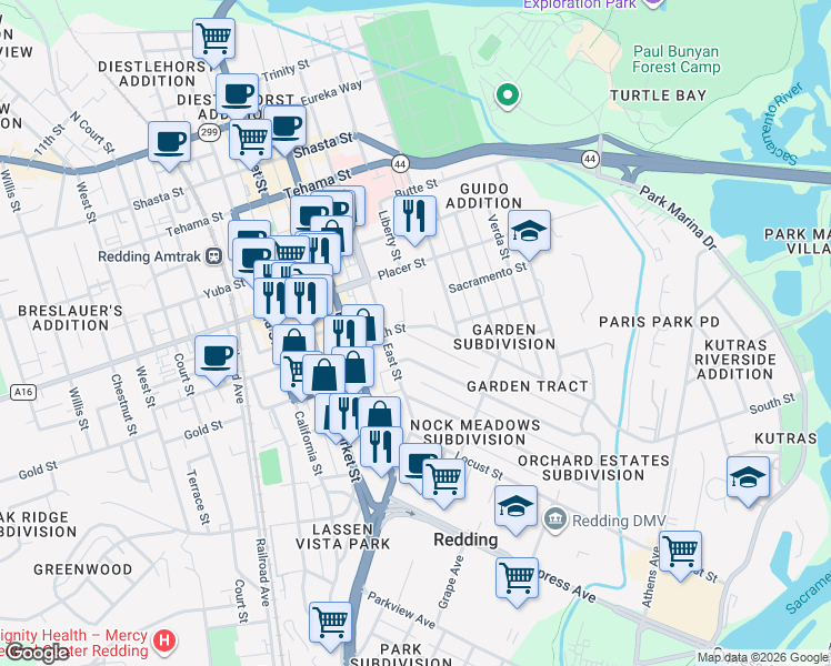 map of restaurants, bars, coffee shops, grocery stores, and more near 1040 Gold Street in Redding