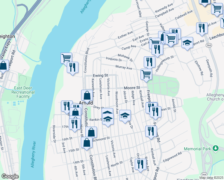 map of restaurants, bars, coffee shops, grocery stores, and more near 1004 Moore Street in New Kensington
