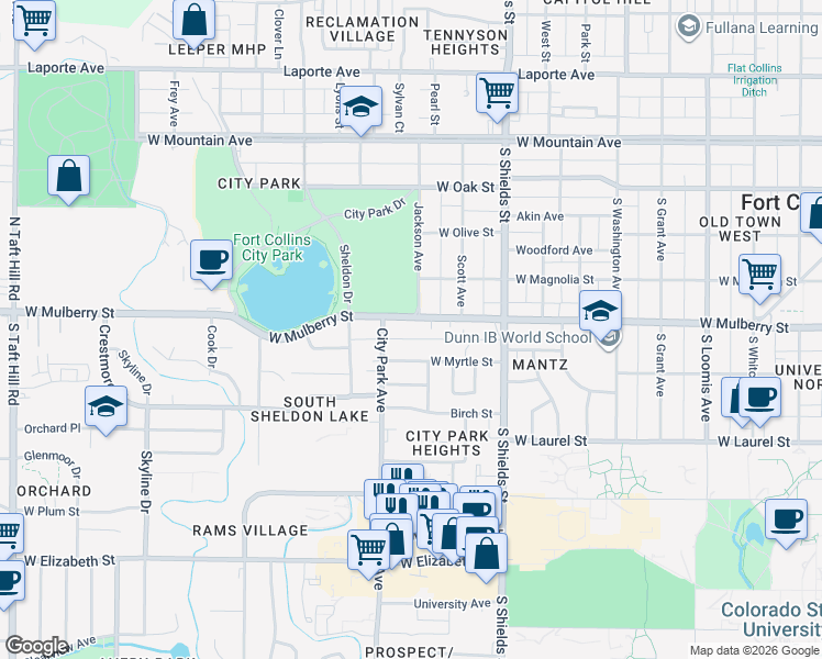 map of restaurants, bars, coffee shops, grocery stores, and more near 1214 West Myrtle Street in Fort Collins
