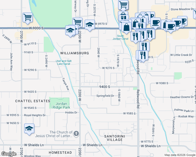 map of restaurants, bars, coffee shops, grocery stores, and more near 2049 West Abbey View Road in West Jordan
