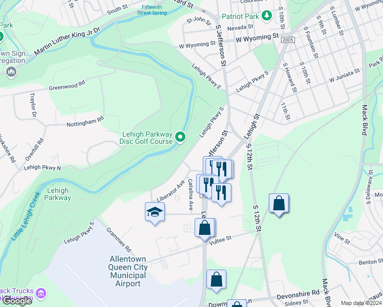 map of restaurants, bars, coffee shops, grocery stores, and more near 1483 Lehigh Parkway South in Allentown