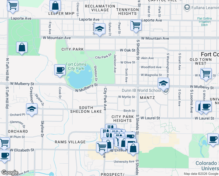 map of restaurants, bars, coffee shops, grocery stores, and more near 520 City Park Avenue in Fort Collins