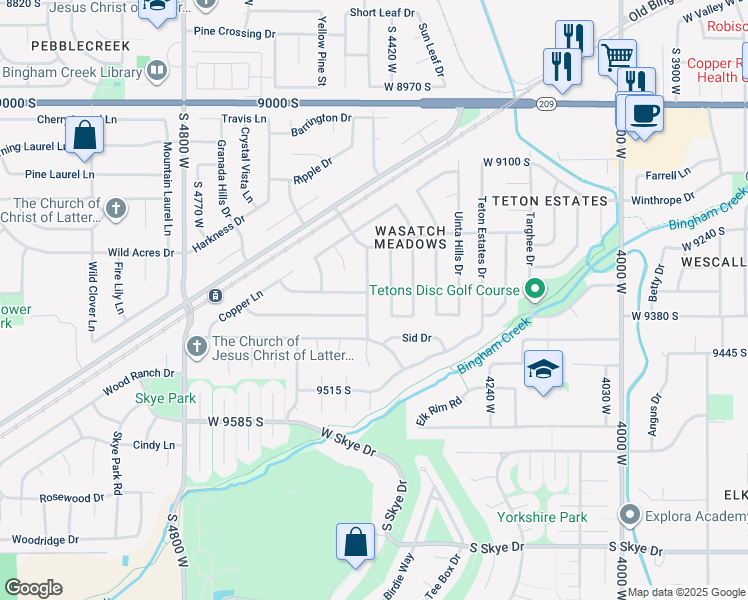 map of restaurants, bars, coffee shops, grocery stores, and more near 9353 South 4460 West in West Jordan