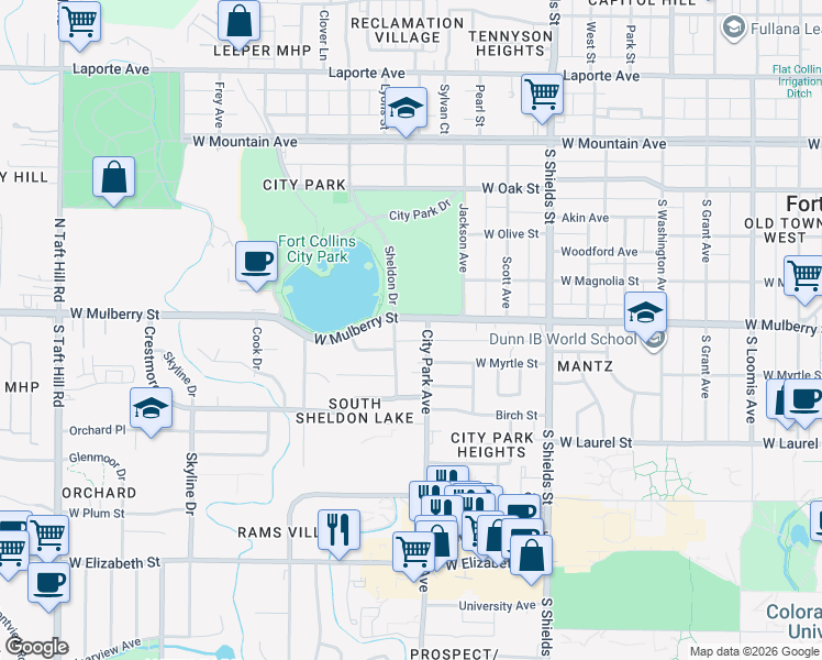 map of restaurants, bars, coffee shops, grocery stores, and more near 1500 Lakeside Avenue in Fort Collins