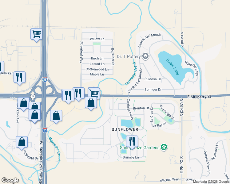 map of restaurants, bars, coffee shops, grocery stores, and more near 422 Loma Linda Drive in Fort Collins