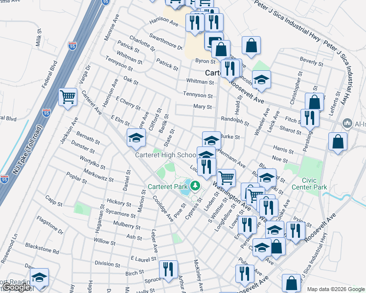 map of restaurants, bars, coffee shops, grocery stores, and more near 3 Elmwood Avenue in Carteret