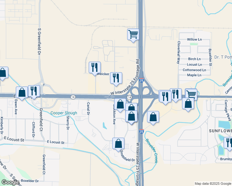 map of restaurants, bars, coffee shops, grocery stores, and more near 5137 Northwest Frontage Road in Severance