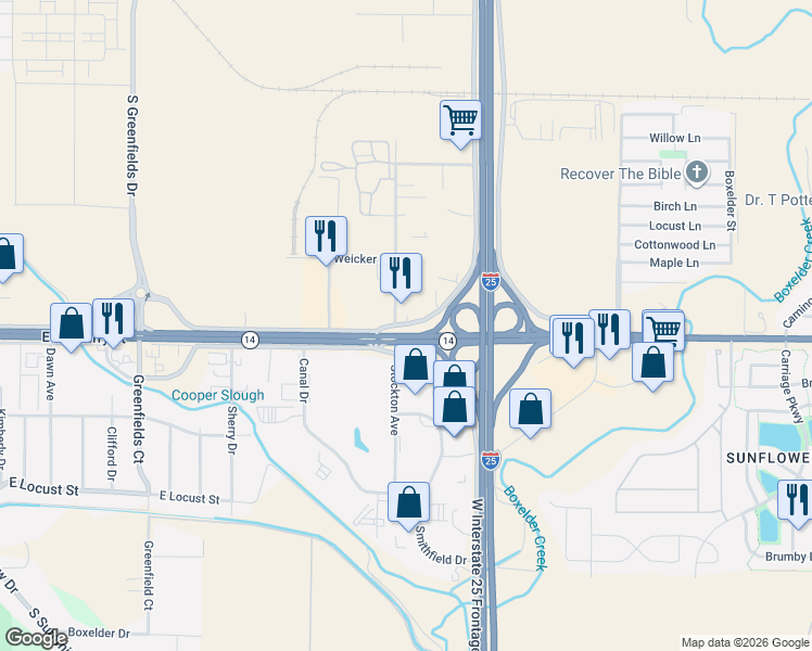 map of restaurants, bars, coffee shops, grocery stores, and more near 5137 Northwest Frontage Road in Severance