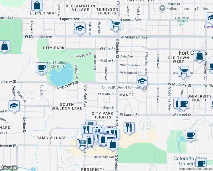 map of restaurants, bars, coffee shops, grocery stores, and more near 1134 West Myrtle Street in Fort Collins