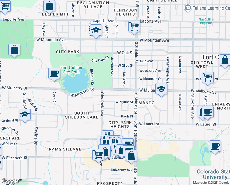 map of restaurants, bars, coffee shops, grocery stores, and more near 1214 West Myrtle Street in Fort Collins
