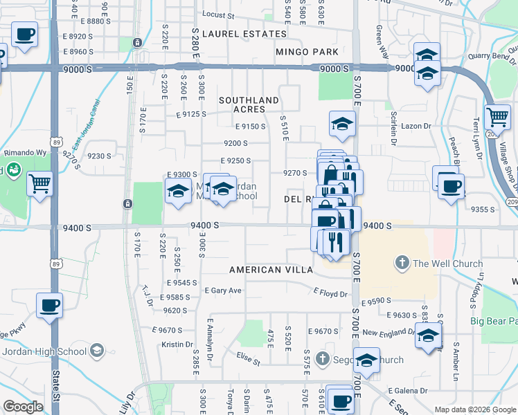 map of restaurants, bars, coffee shops, grocery stores, and more near 9387 South 475 East in Sandy
