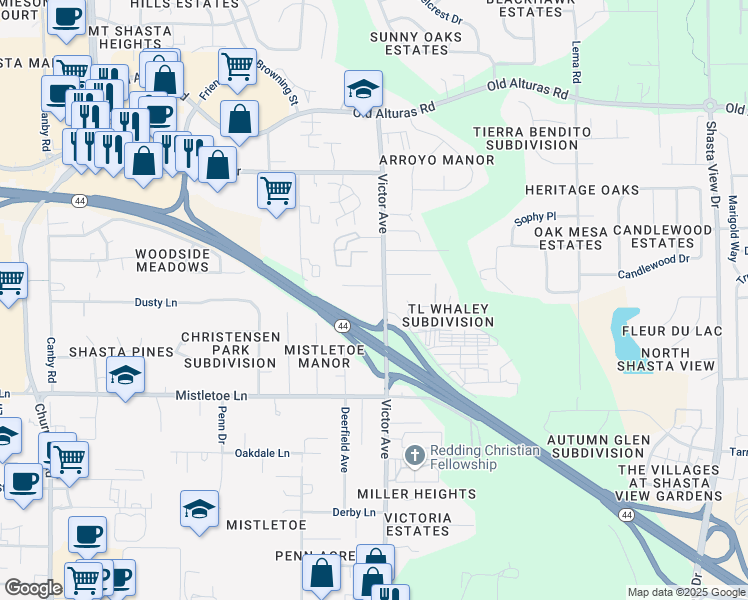 map of restaurants, bars, coffee shops, grocery stores, and more near 1802 Whaley Court in Redding