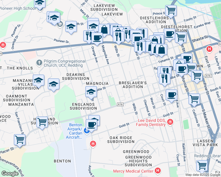 map of restaurants, bars, coffee shops, grocery stores, and more near 1550 Magnolia Avenue in Redding