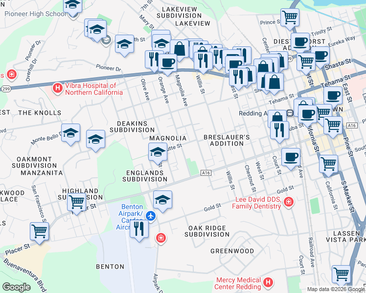 map of restaurants, bars, coffee shops, grocery stores, and more near 1534 Orange Avenue in Redding