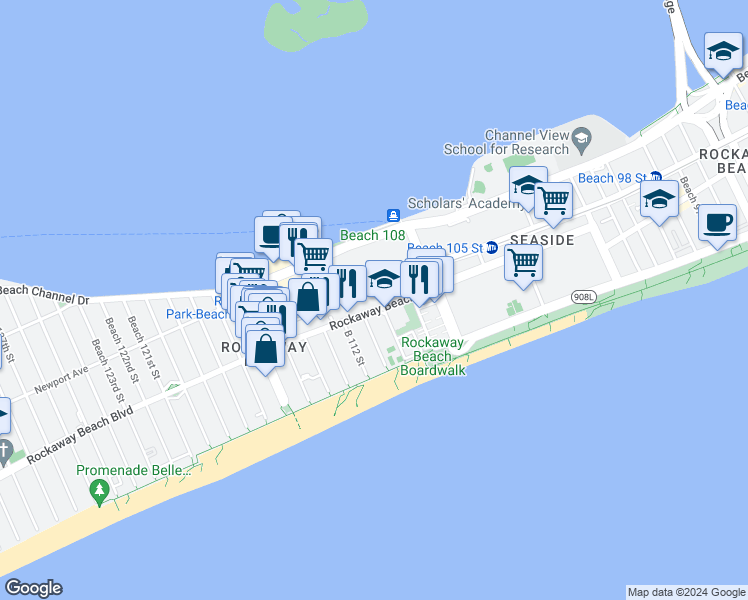 map of restaurants, bars, coffee shops, grocery stores, and more near 111-06 Rockaway Beach Boulevard in Queens