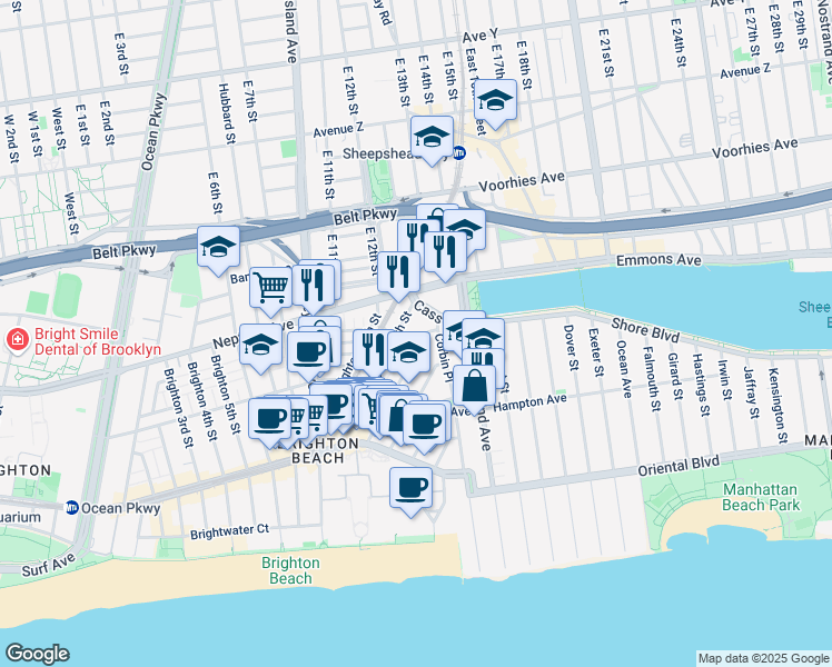 map of restaurants, bars, coffee shops, grocery stores, and more near 2942 Brighton 12th Street in Brooklyn