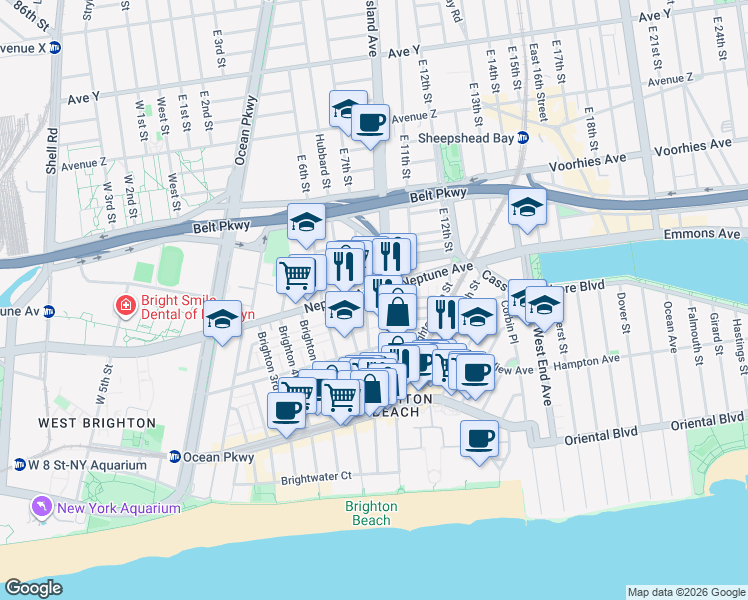 map of restaurants, bars, coffee shops, grocery stores, and more near 18 Brighton 8th Place in Brooklyn