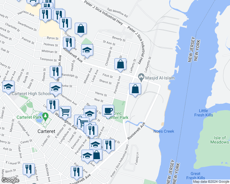 map of restaurants, bars, coffee shops, grocery stores, and more near 284 Pershing Avenue in Carteret