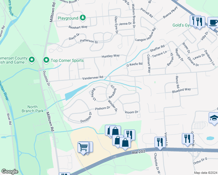 map of restaurants, bars, coffee shops, grocery stores, and more near 404 Reading Circle in Bridgewater Township