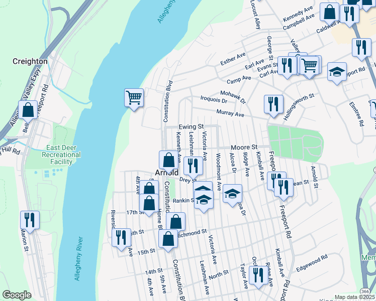 map of restaurants, bars, coffee shops, grocery stores, and more near 1932 Kenneth Avenue in New Kensington