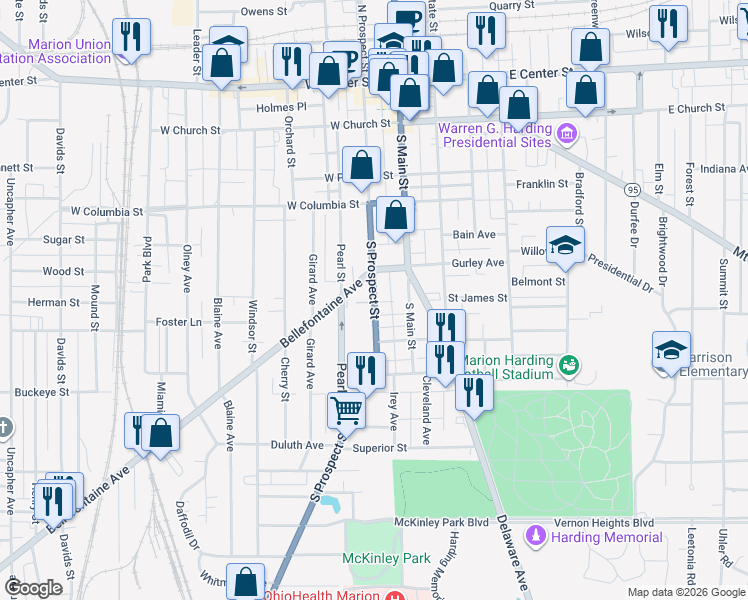 map of restaurants, bars, coffee shops, grocery stores, and more near 475 South Prospect Street in Marion