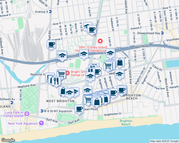 map of restaurants, bars, coffee shops, grocery stores, and more near West Ave & Ocean Pkwy in Brooklyn