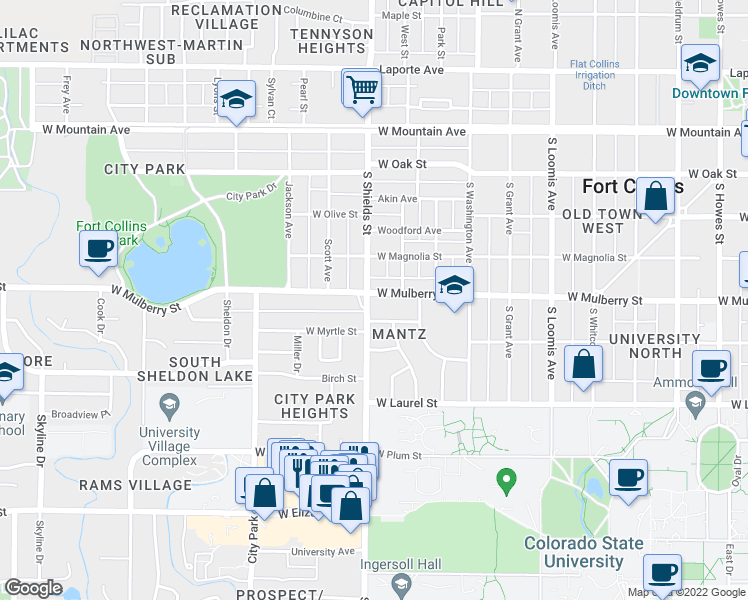map of restaurants, bars, coffee shops, grocery stores, and more near 515 South Shields Street in Fort Collins