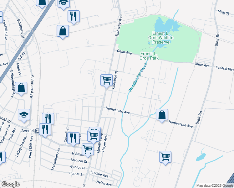 map of restaurants, bars, coffee shops, grocery stores, and more near 65 Borman Avenue in Woodbridge Township