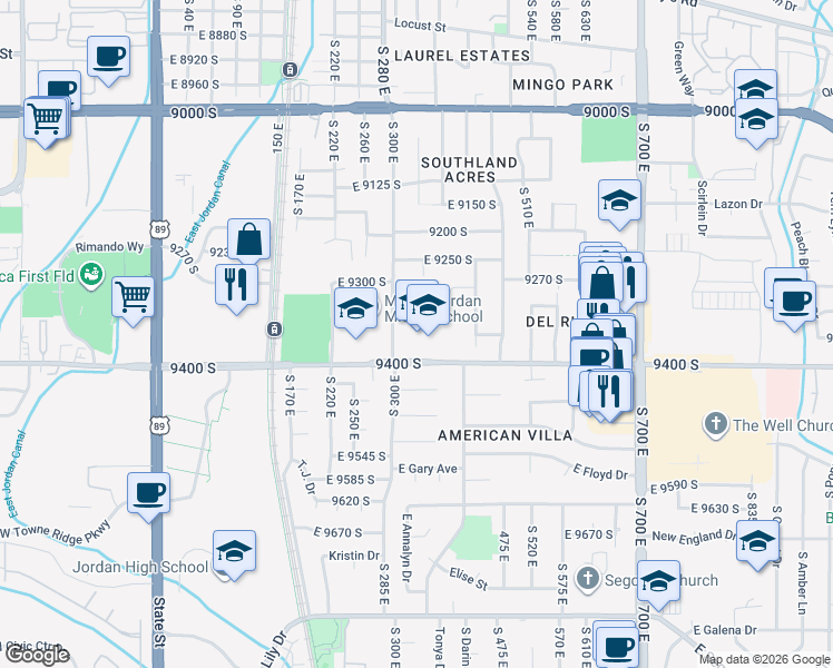 map of restaurants, bars, coffee shops, grocery stores, and more near 9361 South 300 East in Sandy