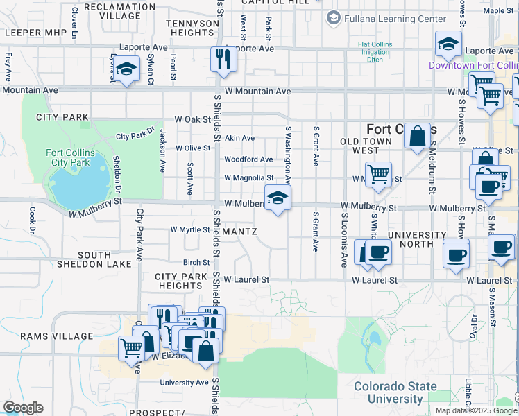map of restaurants, bars, coffee shops, grocery stores, and more near 940 Pioneer Avenue in Fort Collins