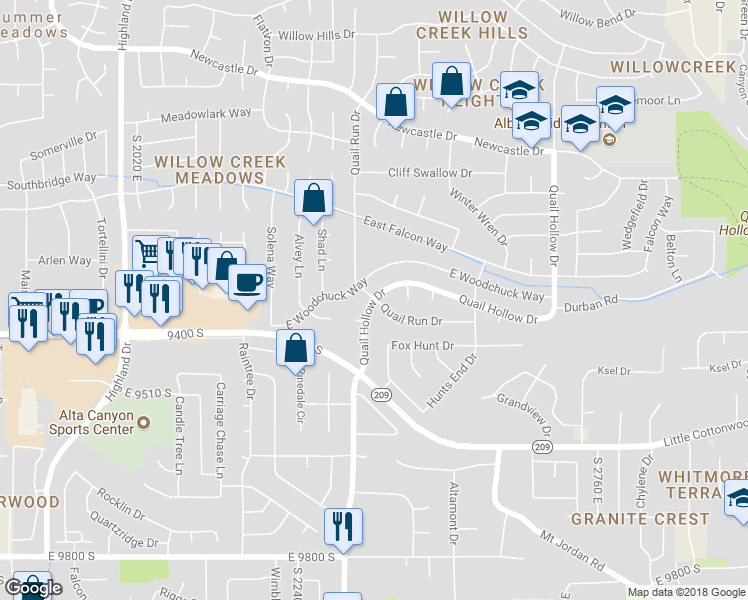 map of restaurants, bars, coffee shops, grocery stores, and more near 8931 South Quail Hollow Drive in Sandy