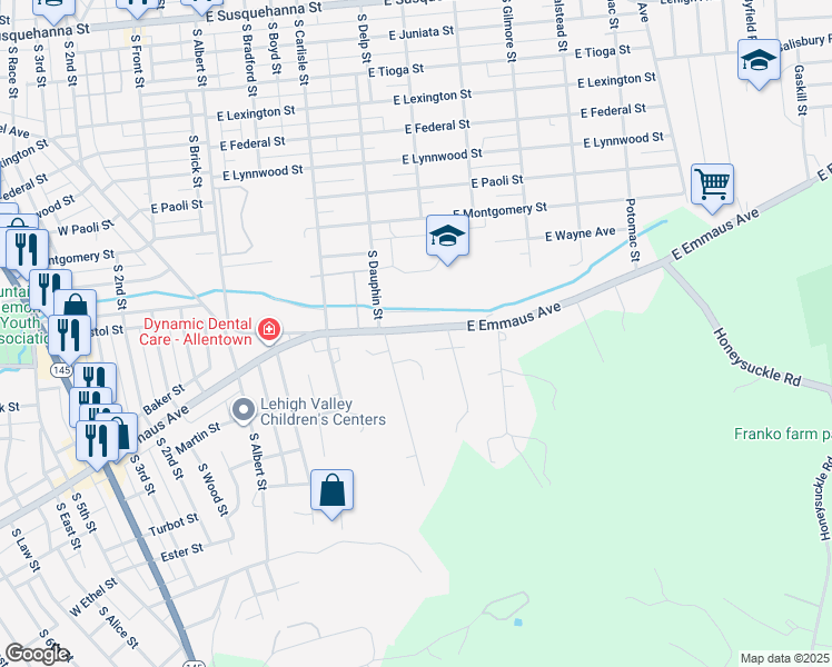 map of restaurants, bars, coffee shops, grocery stores, and more near 442 East Emmaus Avenue in Allentown