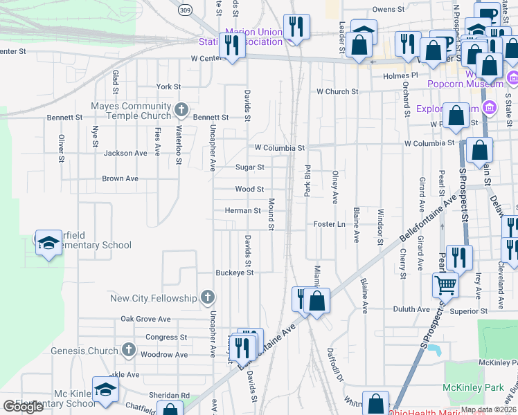 map of restaurants, bars, coffee shops, grocery stores, and more near 465 Mound Street in Marion