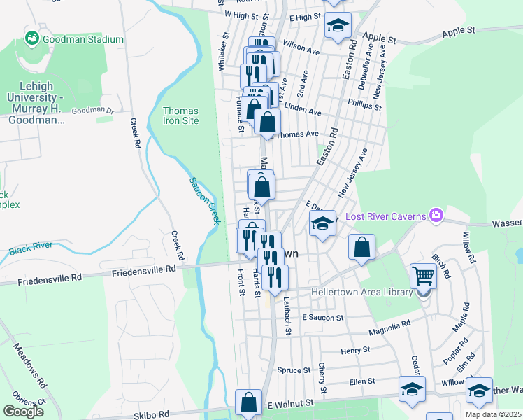 map of restaurants, bars, coffee shops, grocery stores, and more near 824 Main Street in Hellertown