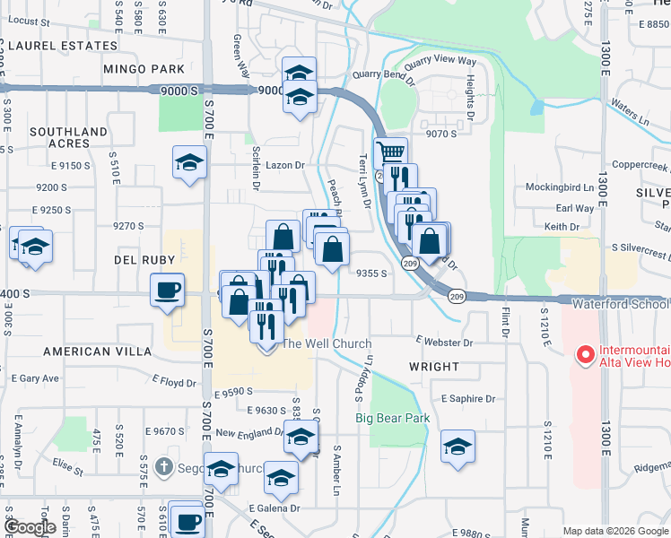map of restaurants, bars, coffee shops, grocery stores, and more near 915 East 9400 South in Sandy