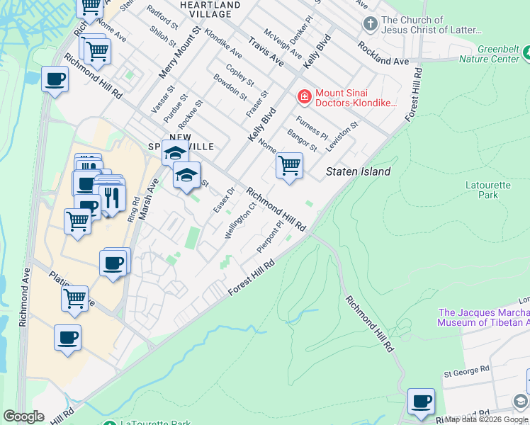map of restaurants, bars, coffee shops, grocery stores, and more near 30 Belmar Drive East in Staten Island