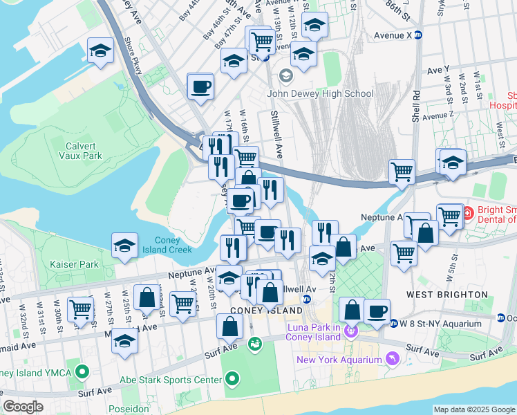 map of restaurants, bars, coffee shops, grocery stores, and more near 2717 West 16th Street in Brooklyn