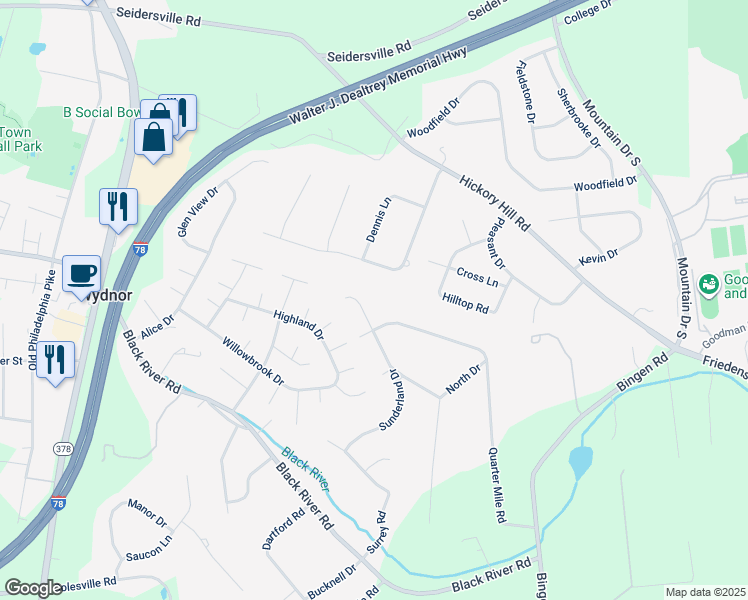 map of restaurants, bars, coffee shops, grocery stores, and more near 2009 Sunderland Drive in Bethlehem