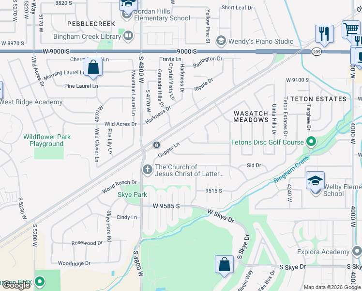 map of restaurants, bars, coffee shops, grocery stores, and more near 9341 Copper Lane in West Jordan