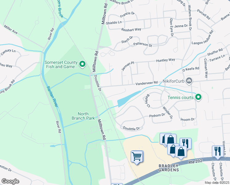map of restaurants, bars, coffee shops, grocery stores, and more near 404 Brokaw Court in Bridgewater Township