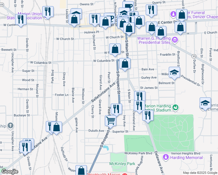 map of restaurants, bars, coffee shops, grocery stores, and more near 233 Bellefontaine Avenue in Marion