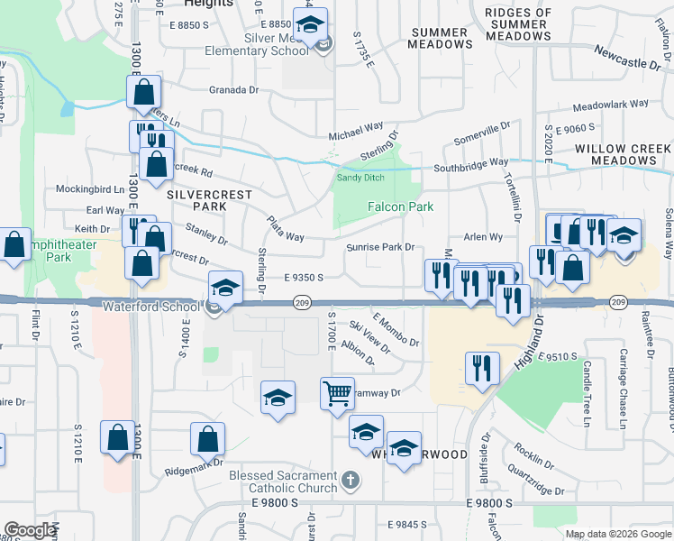 map of restaurants, bars, coffee shops, grocery stores, and more near 1709 East 9350 South in Sandy